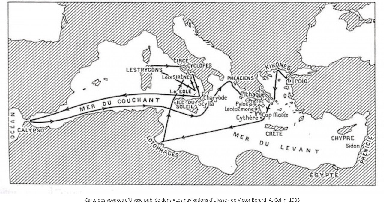 Carte des voyages d'Ulysse publiée dans Les navigations d'Ulysse de Victor Bérard 1927-1929